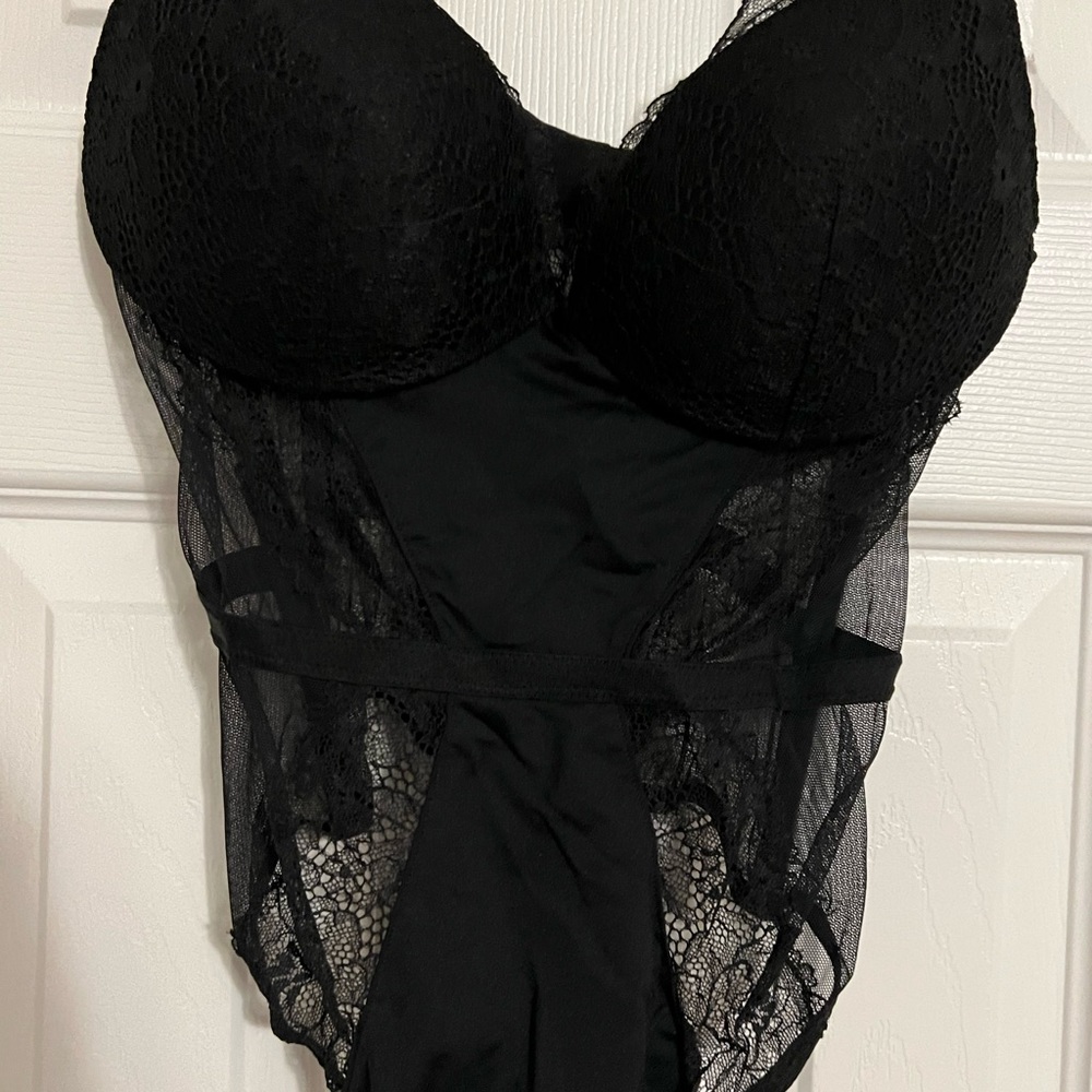 WORN ONCE Victoria’s Secret black lace thong bodysuit.